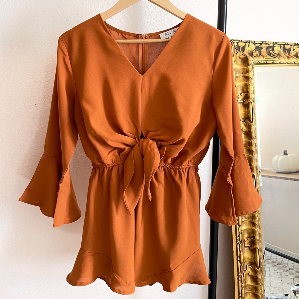 Woman's Bell Sleeve Caramel Woven Romper